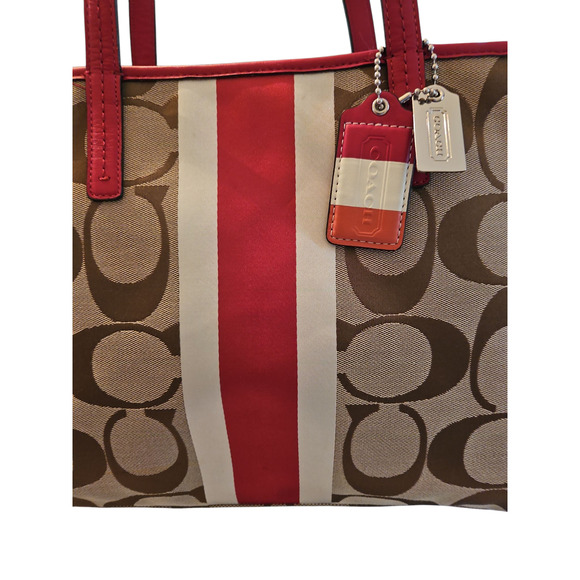 COACH Hamptons Khaki Red Signature Stripe Shoulder Tote Bag #19999 - Picture 4 of 13